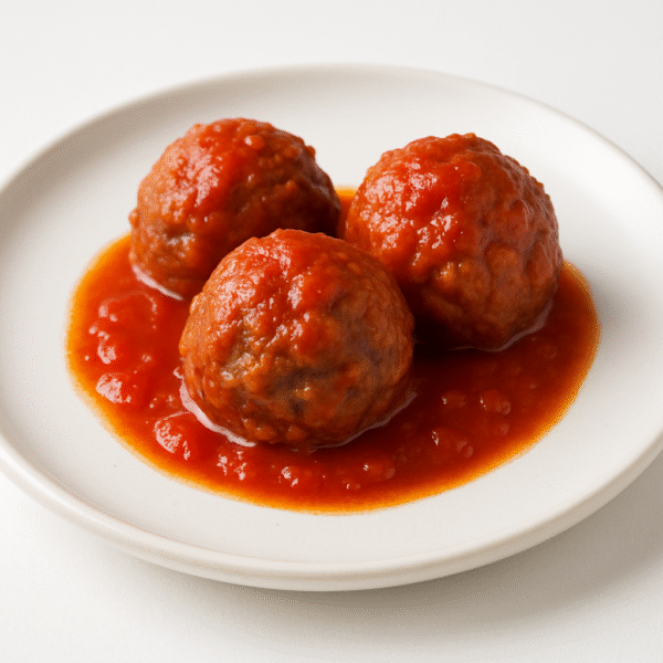 Beef meatballs with spaghetti, marinara sauce, and mozzarella cheese