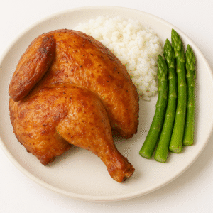 ½ Roasted chicken with white rice and asparagus