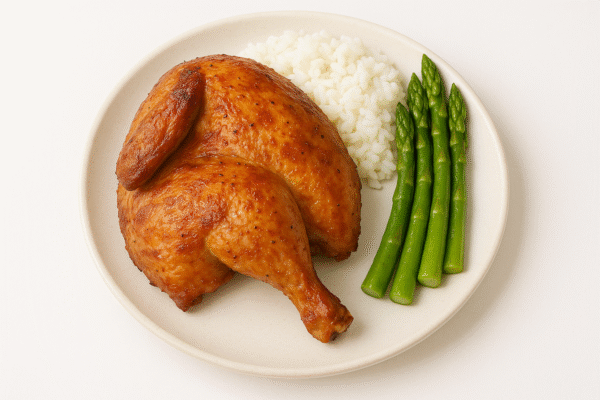 ½ Roasted chicken with white rice and asparagus