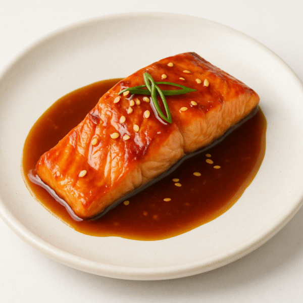 Salmon fillet in teriyaki sauce with broccoli