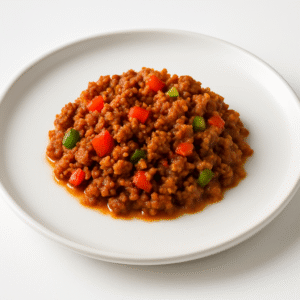 Ground beef picadillo with mashed red potatoes, carrots, and cucumbers
