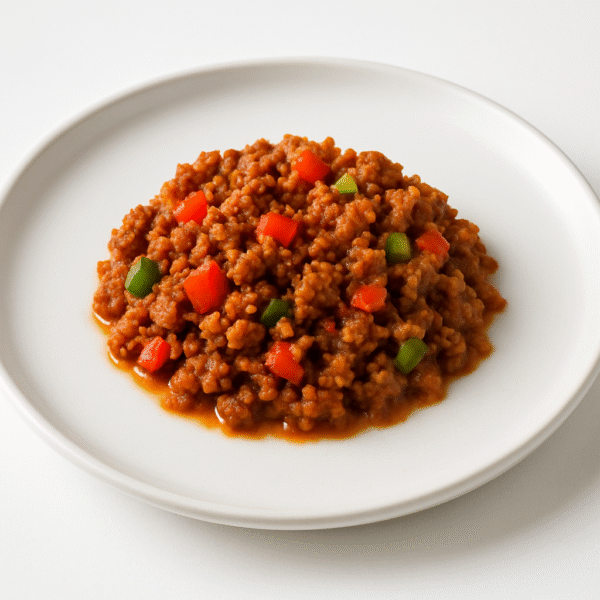 Ground beef picadillo with mashed red potatoes, carrots, and cucumbers