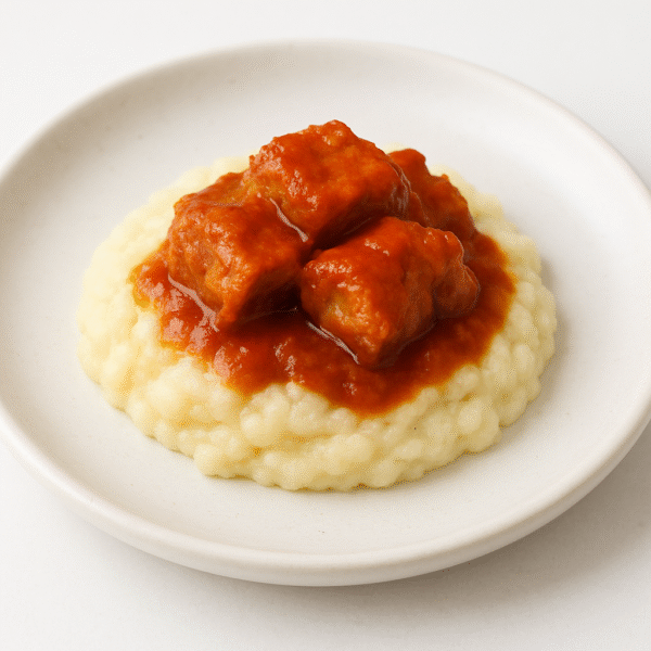 Pork stew with cauliflower mash, topped with vegetables and feta cheese