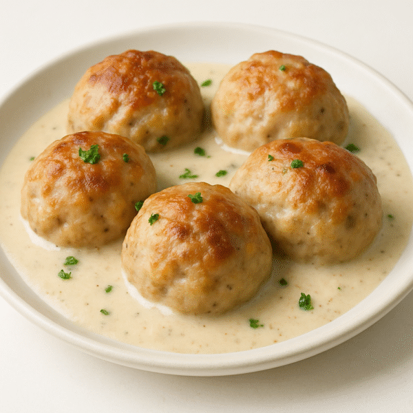 Turkey meatballs in creamy sauce with carrot mash