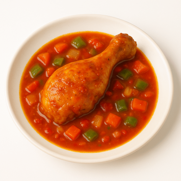 Chicken stew in criolla sauce with white rice